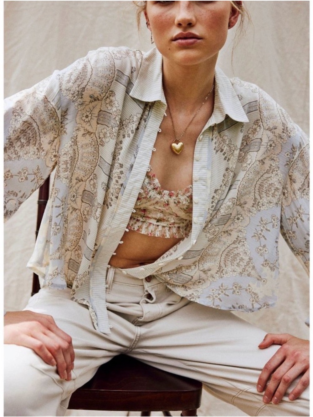 EUC Free People Virgo Baby Spring Blue and Cream Floral Button-Down Shirt
